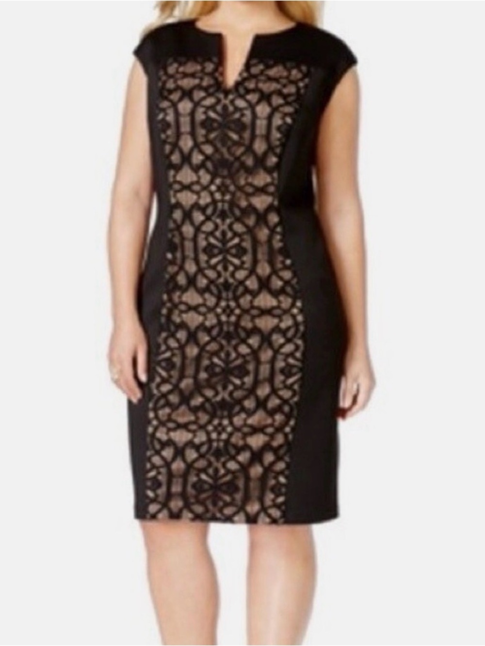 Connected Apparel Little Black Dress with Nude Lace-Effect Front Panel Size 4P